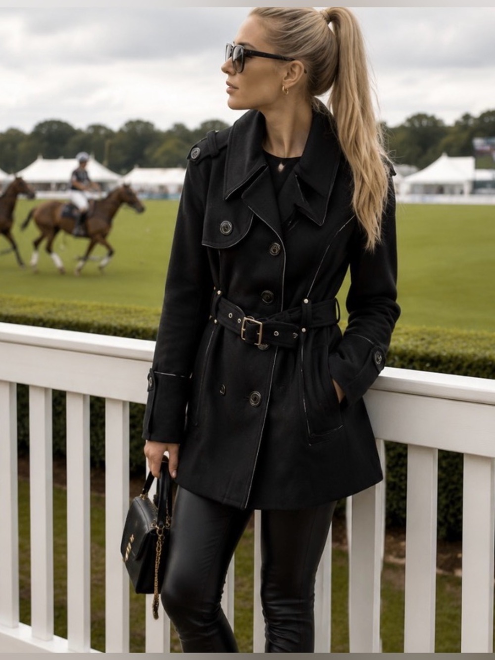 MISS SIXTY Black Wool Felt Belted Peacoat Patent Leather Trim M MSRP $500 NWOT